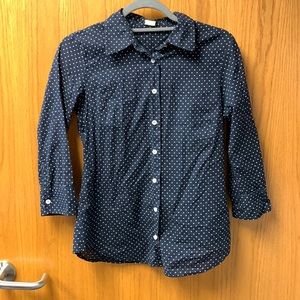 Jcrew 3/4 length blue and white polka dot top